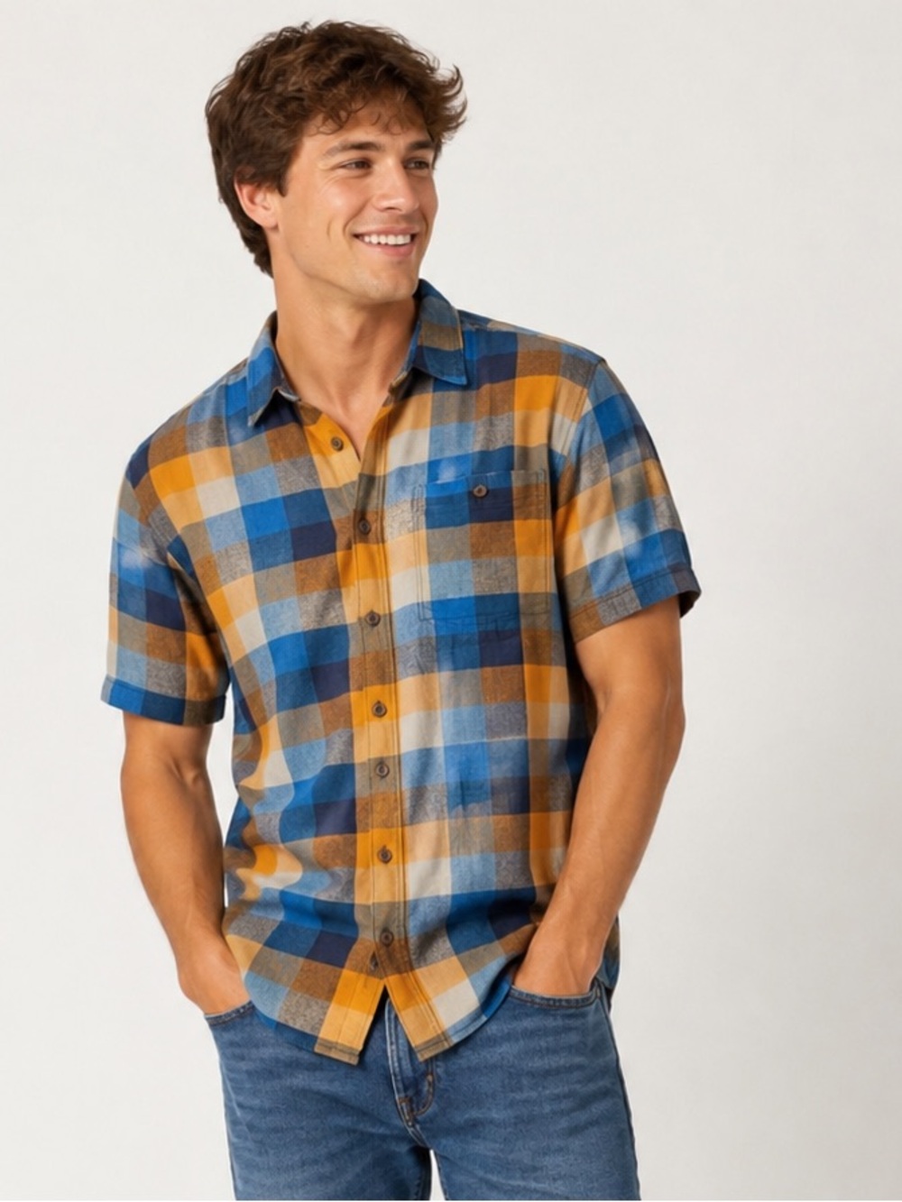 Woolrich‎ Plaid Cotton Button Up Short Sleeve Shirt. Men's Large. Lightweight.